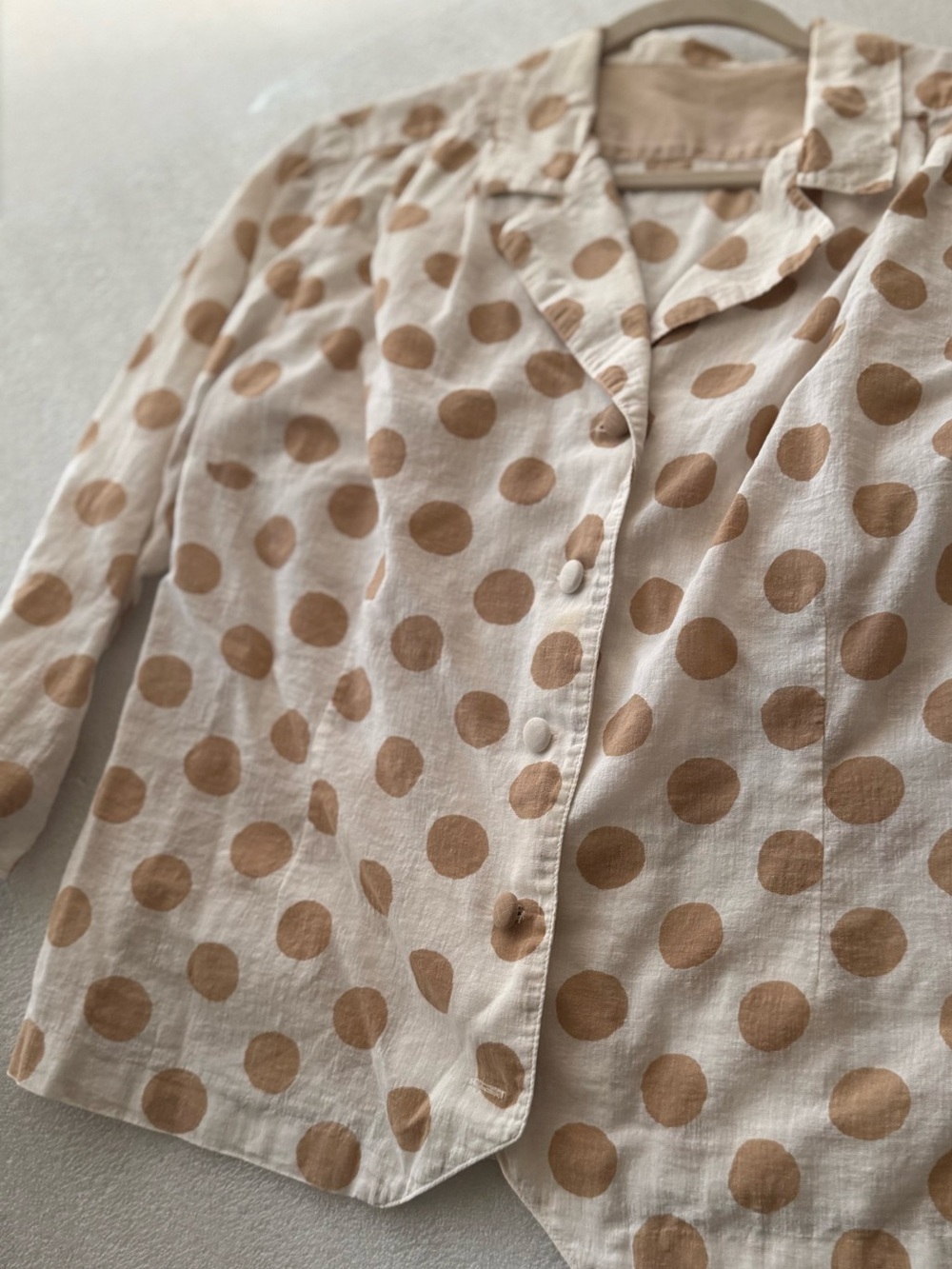 Vintage Handmade Beige Tan Cream Polka Dot Light 3/4 Sleeve Blazer Jacket M/L